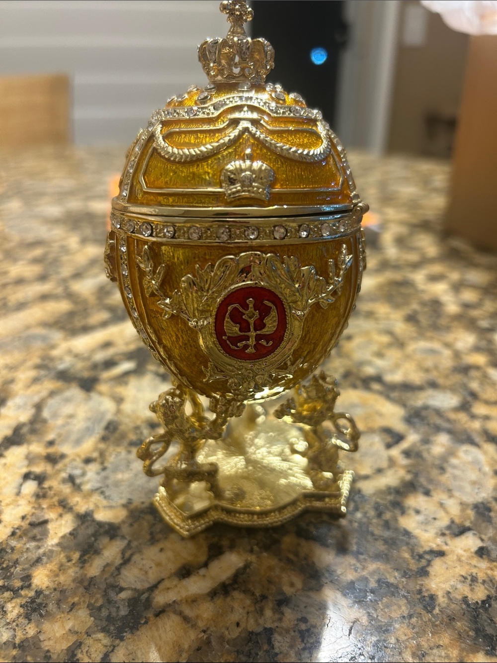 Gold Ornate Egg Trinket Box with Crowned Finial